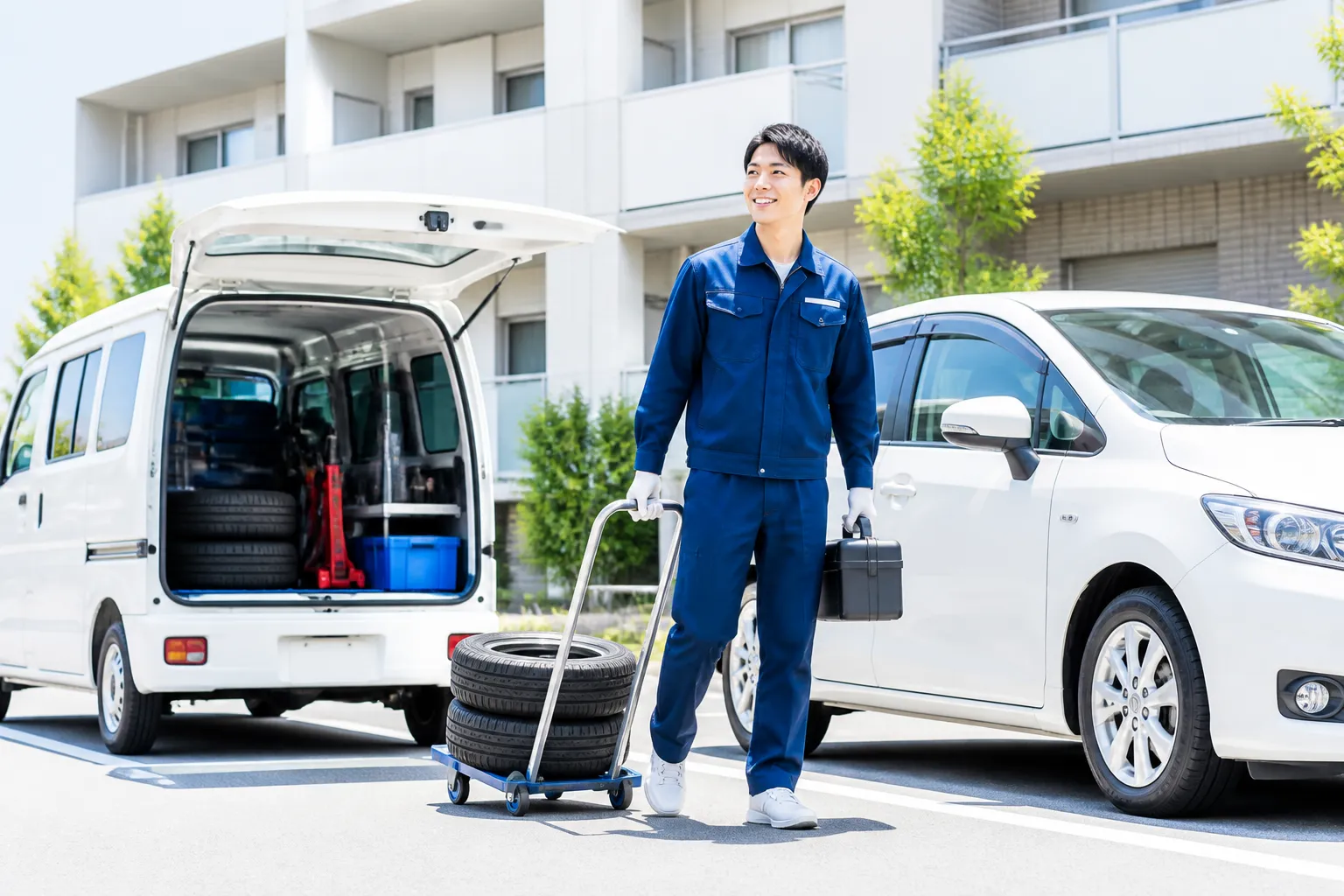 出張タイヤ交換スタッフが駐車場へ訪問している様子