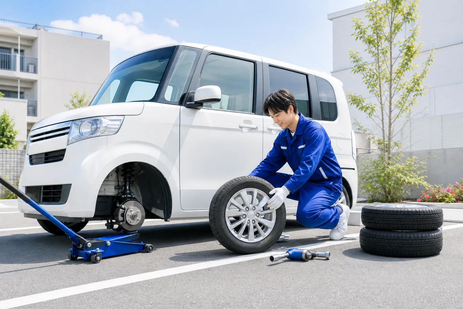 夕方のマンション駐車場でタイヤ交換している様子