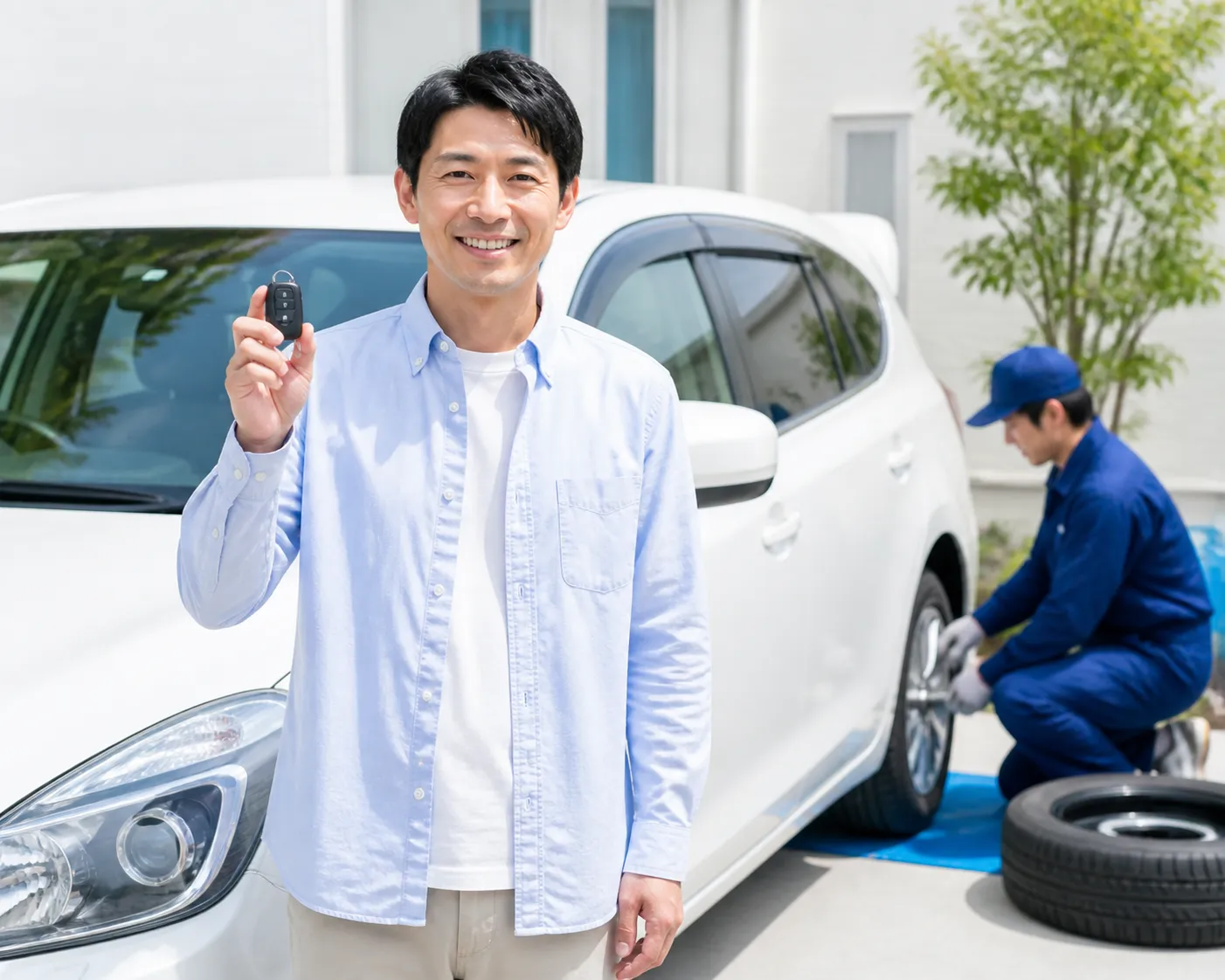 タイヤ交換後に安心した表情の利用者