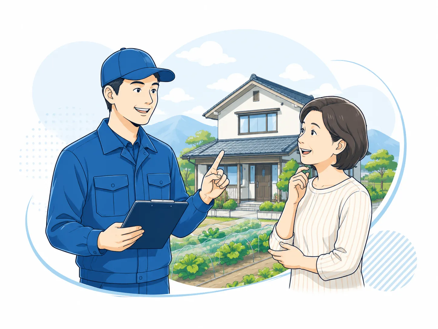 新潟の住宅前で害獣駆除スタッフが住民に説明しているイラスト