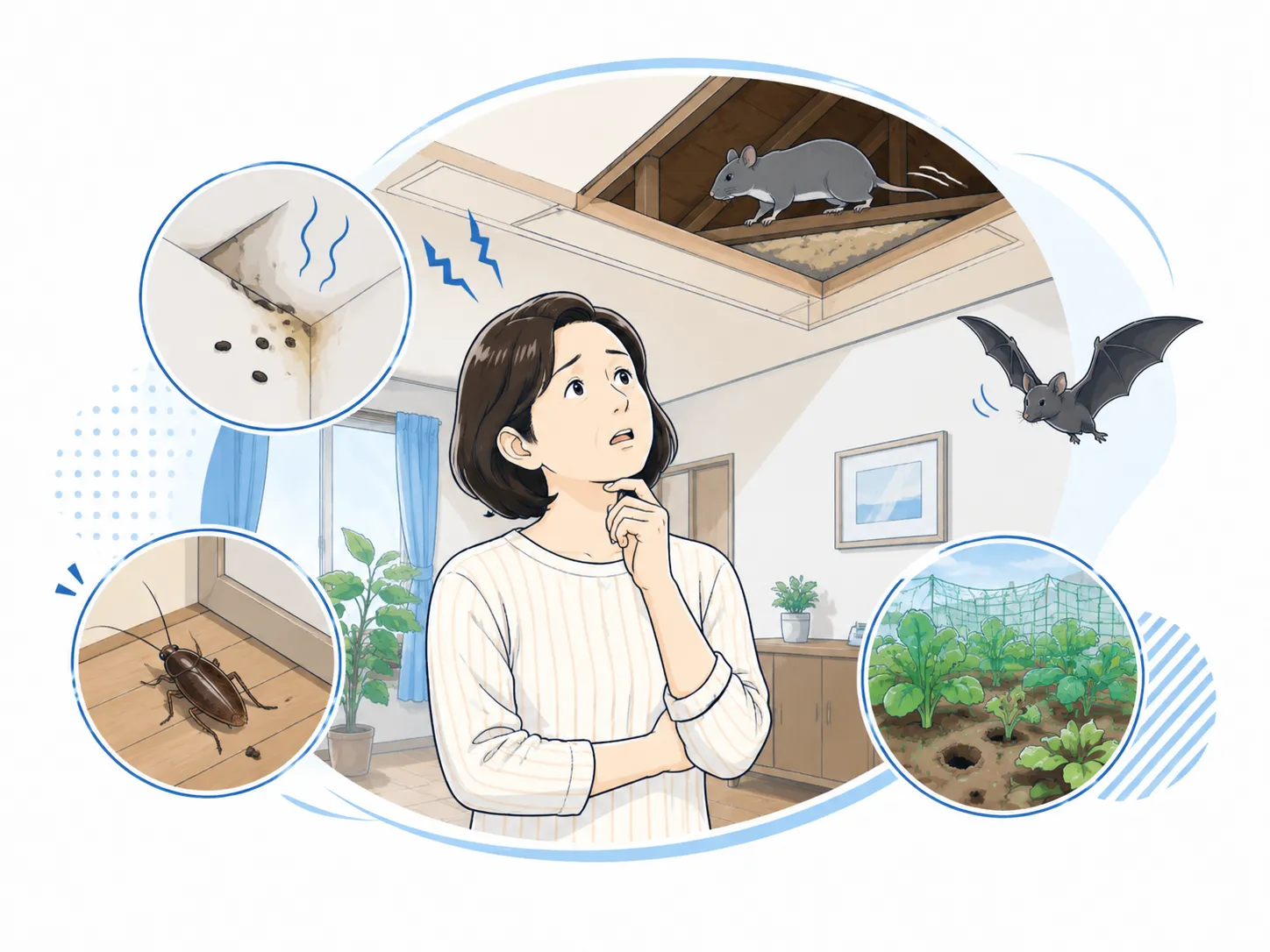 天井のネズミやコウモリ、ゴキブリなどに悩む住民のイラスト